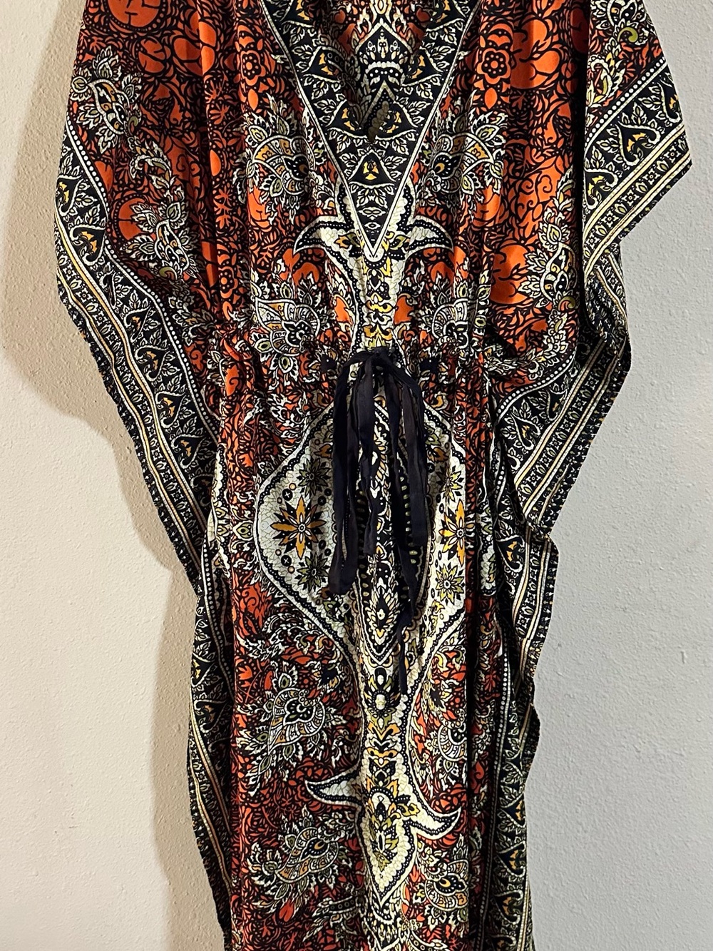 Boho Paisley V-Neck Drawstring Caftan Maxi Dress in Orange Green, Whiteand Black